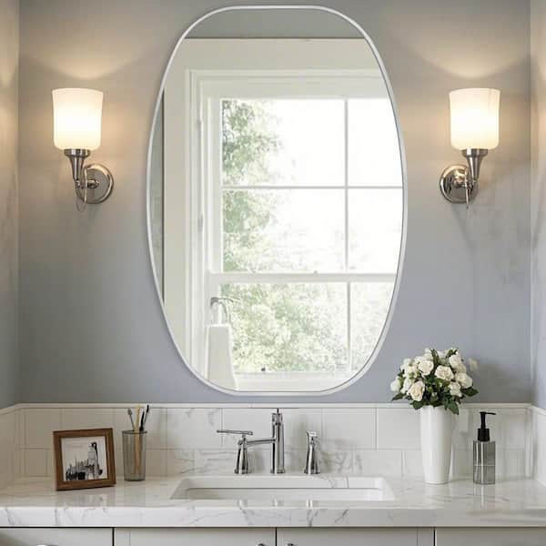 Sxiawe 30 in. W x 40 in. H Silver Oval Wall Mounted Aluminum Alloy Bathroom Mirror Decorative Mirror