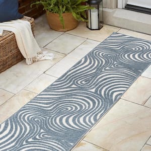 Maribo High-Low Abstract Groovy Striped Dark Blue/Cream 2 ft. x 8 ft. Indoor/Outdoor Runner Rug