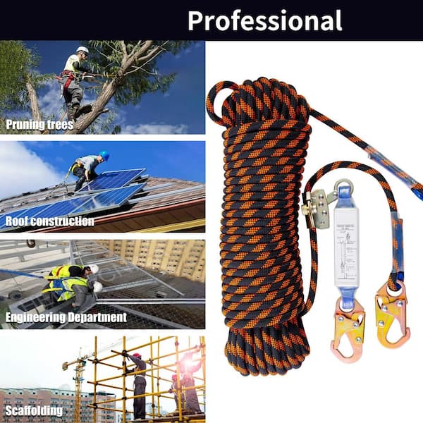TRSMIMA 25ft Vertical Roofing Rope Lanyard With Shock Absorber – Fall Protection Safety Line With Grab Hook, 310lb Capacity, CE Certified