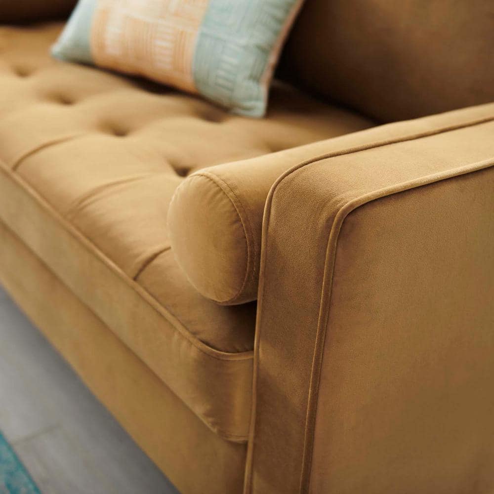 Cognac Faux Leather Tufted Loveseat with Removable Cushions and Wood Legs