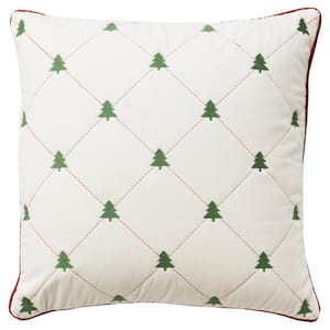 Holiday Ivory/Green Trees Cotton 20 in. x 20 in. Poly Filled Decorative Throw Pillow
