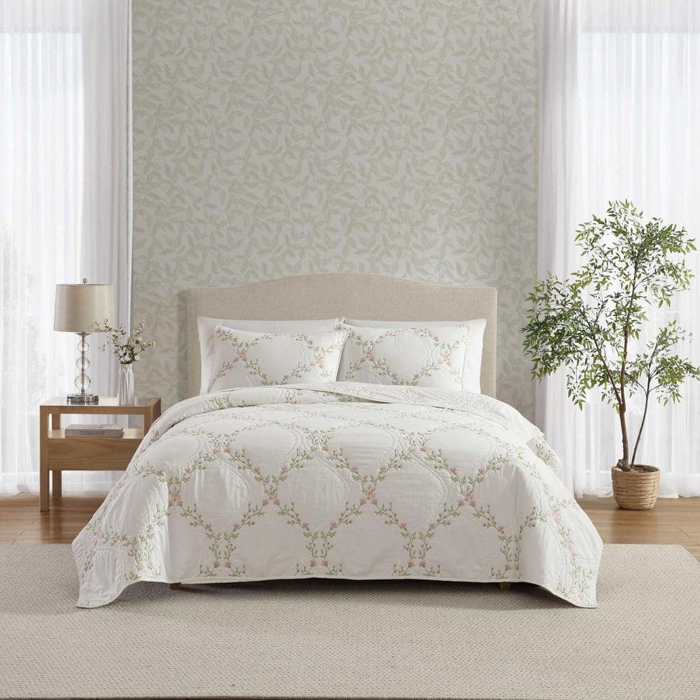 Pink Floral Embroidered Cotton Twin Quilt Set