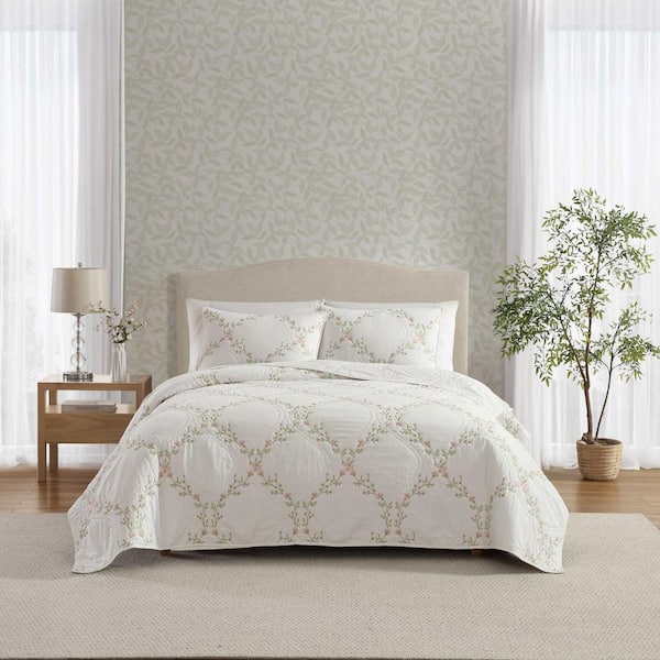 Floral Embroidery 3-Piece Pink/Green Cotton Full/Queen Quilt Set