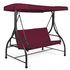3-Person Wine Red Outdoor Porch Swing Hammock Bench Chair Metal Patio Swing with Canopy