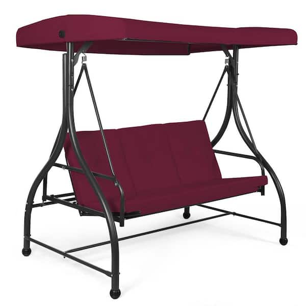 HONEY JOY 3-Person Wine Red Outdoor Porch Swing Hammock Bench Chair Metal Patio Swing with Canopy