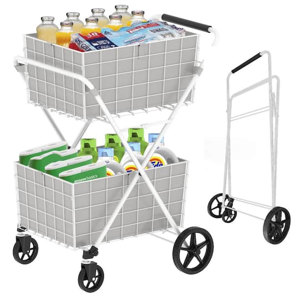Avex 220 lb. Capacity Hand Truck Foldable 2 Layers Shopping Cart with Double Basket and 360°Swivel Wheels