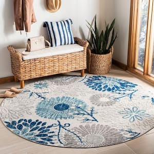 Cabana Gray/Blue 3 ft. x 3 ft. Floral Leaf Indoor/Outdoor Patio  Round Area Rug