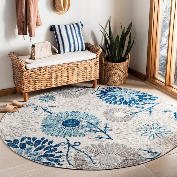 Cabana Gray/Blue 4 ft. x 4 ft. Floral Leaf Indoor/Outdoor Round Area Rug