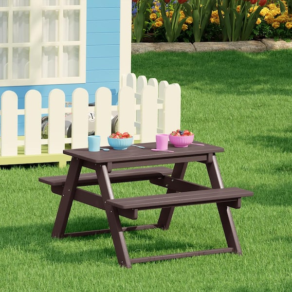 Children's Laguna Outdoor Patio All Weather Plastic 29.75 in. Rectangle Kids Picnic Play Table w/ Benches in Dark Brown