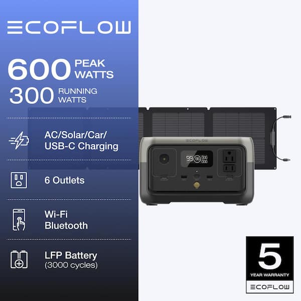 EcoFlow 300W Output/600W Peak Push-Button Start Battery Generator RIVER 2,  LFP Battery, Fast Charging for Outdoor, Camping , RVs ZMR600-US - The Home  Depot