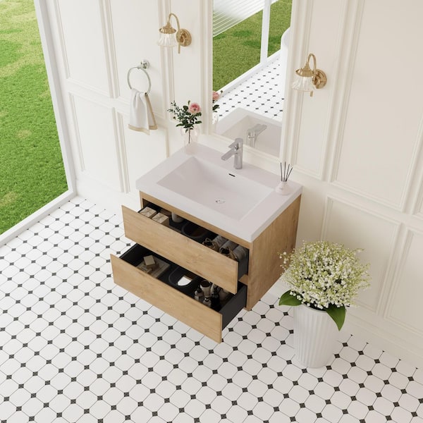 Angela 30 in. W x 18.7 in. D x 20.5 in. H Wall Mounted Floating Vanity in Natural Oak with Glossy White Basin