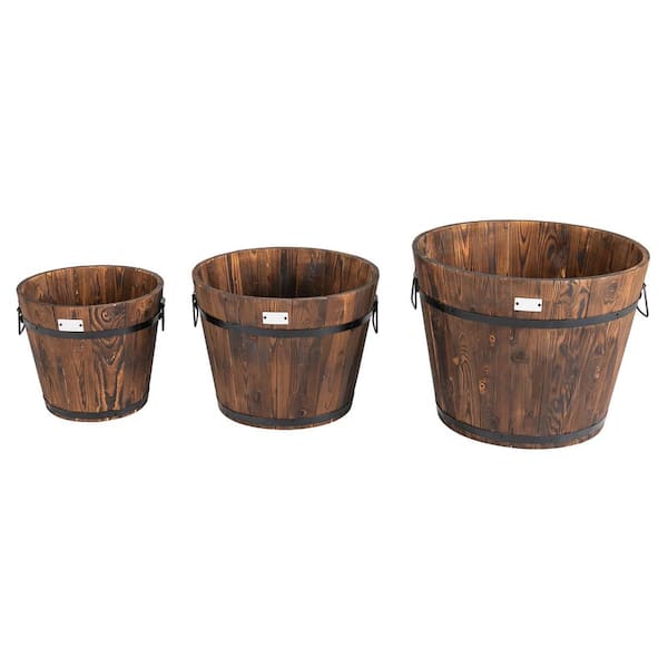 HONEY JOY 3 Size Brown Wood Barrel Planters Patio Plant Container Box Set for Plant Growth