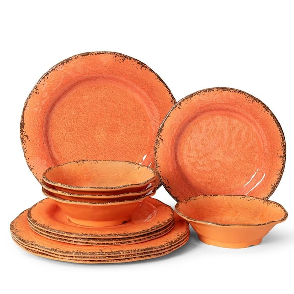12-Piece Crackle Melamine Dinnerware Set in Orange Rustic Style BPA-Free Service for 4 Dinnerware Sets