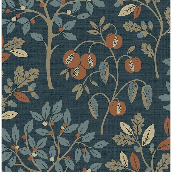 Fine Decor Rowan Navy Blue Autumn Trees Wallpaper Sample