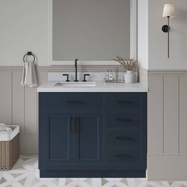 ARIEL Hepburn 42 in. W x 22 in. D x 36 in. H Single Sink Freestanding Bath Vanity in Midnight Blue with Carrara Quartz Top