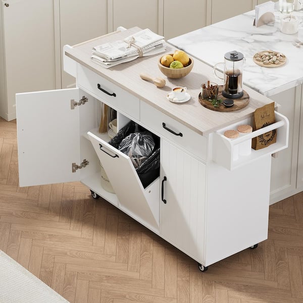 White Wood 51 in. Kitchen Island with Drop Leaf, Rolling Kitchen Cart with Trash Can Storage Cabinet and Drawer