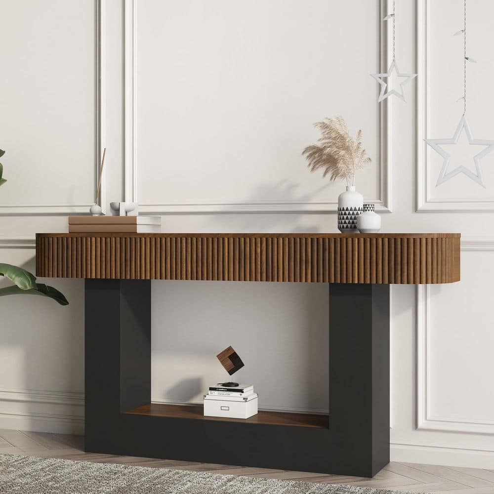 Qyvon Farmhouse 63 in. Black plus Brown Rectangle Fluted MDF Wood Entryway Console Table price history on PriceWatchPro