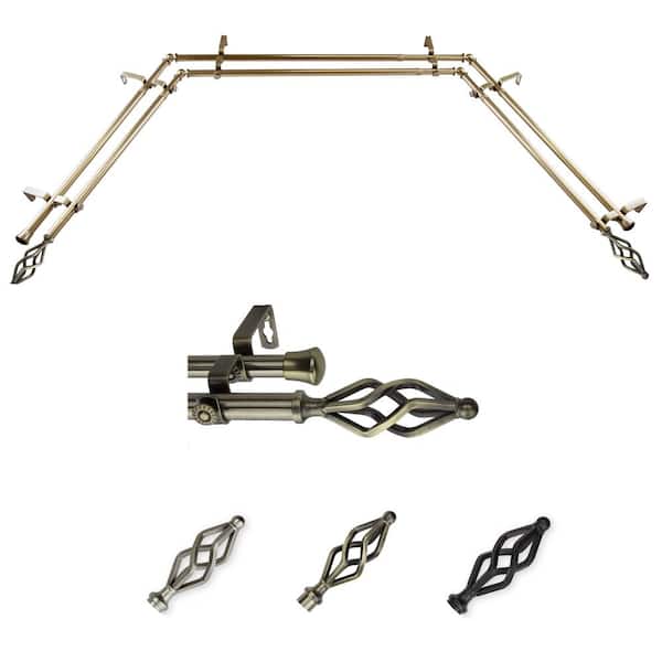 EMOH 13/16" Dia Adjustable 20"-36", 38"-72" Bay Window Double Curtain Rod with Cassandra Finials in Antique Brass
