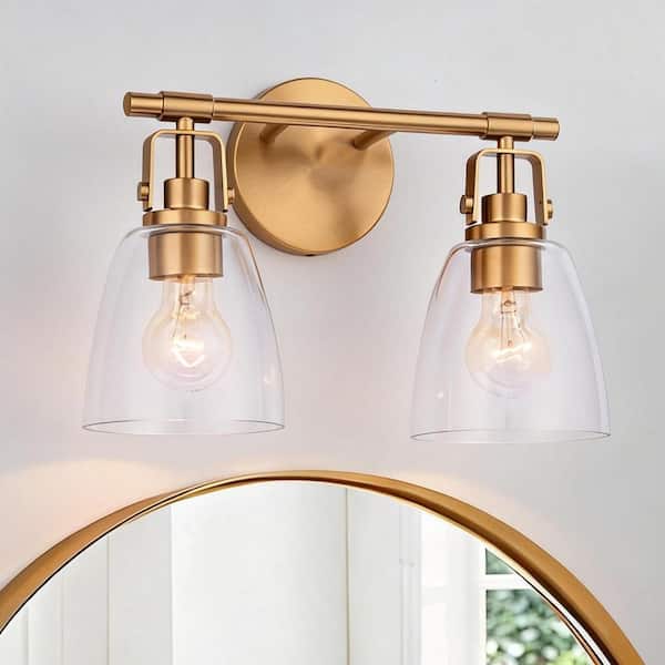 Brilliance 14.6 in. Modern Farmhouse 2-Light Vanity Light Gold Wall Sconce with Clear Glass