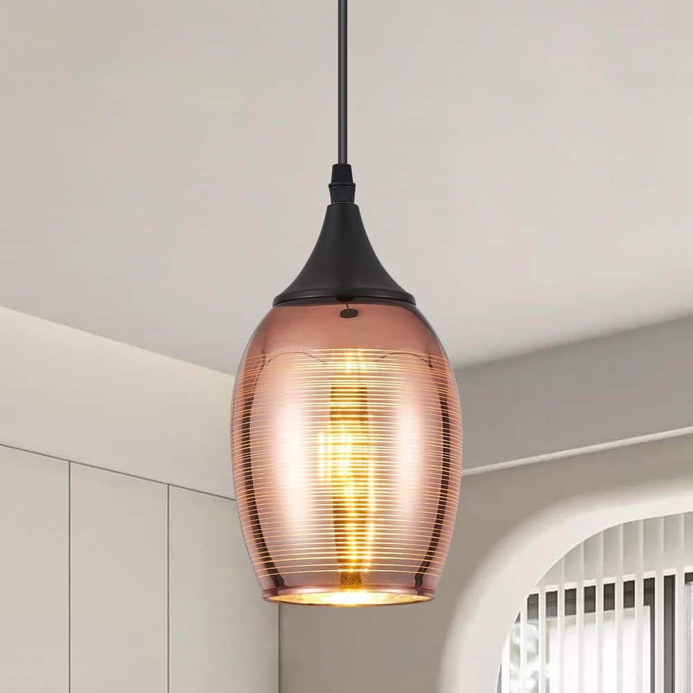 60-Watt 1 Light Black Modern Dimmable Pendant Light with Red Copper Glass Shade for Dining Room, No Bulbs Included price history on PriceWatchPro