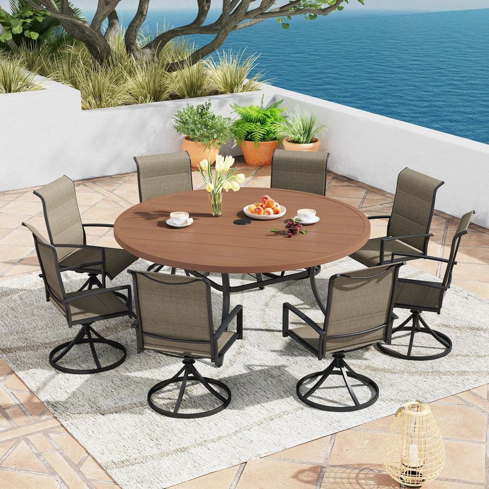 9-Piece Metal Outdoor Dining Set with 60 in. Walnut Slatted Round Table and 8 Brown Textilene Swivel Dining Chairs price history on PriceWatchPro