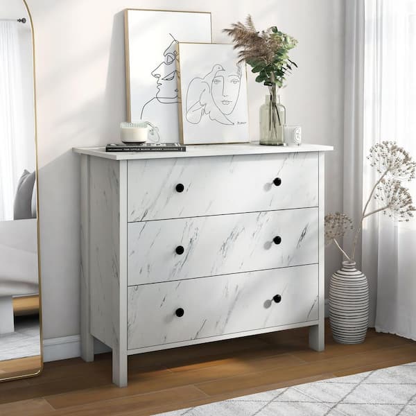 Furniture of America Asta White 3 Drawer 33.46 in. Wide Faux Marble Chest of Drawers