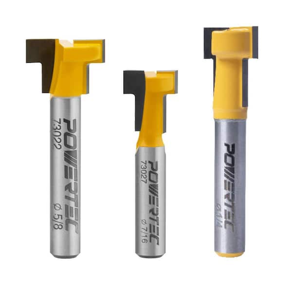 T Slot 1/2 in., 5/8 in. & 7/16 in. Dia. x 1/4 in. Shank, Tungsten Carbide Tipped T Track Router Bits Set (3-Pack)