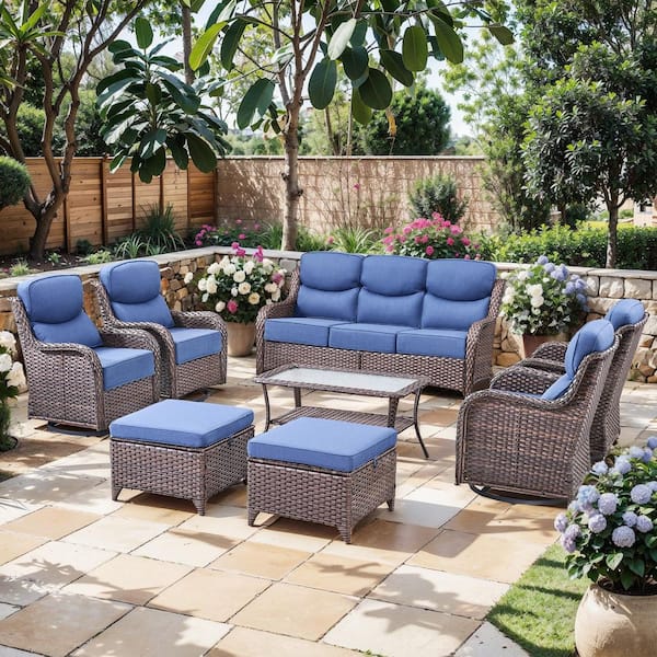 Moon Luxe Brown Swivel Glider Wicker Patio Conversation Set with Blue Olefin 6 in. Thick Cushions (8-Piece)