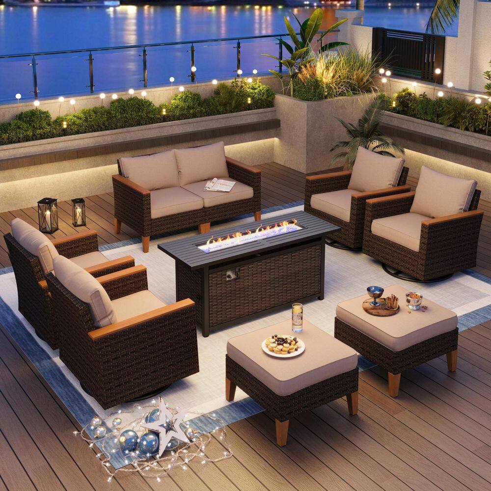 Brown Rattan Wicker 8-Seat 9-Piece Steel Outdoor Fire Pit Patio Set with Beige Cushions, 4 Swivel Sofas and 2 Ottomans price history on PriceWatchPro