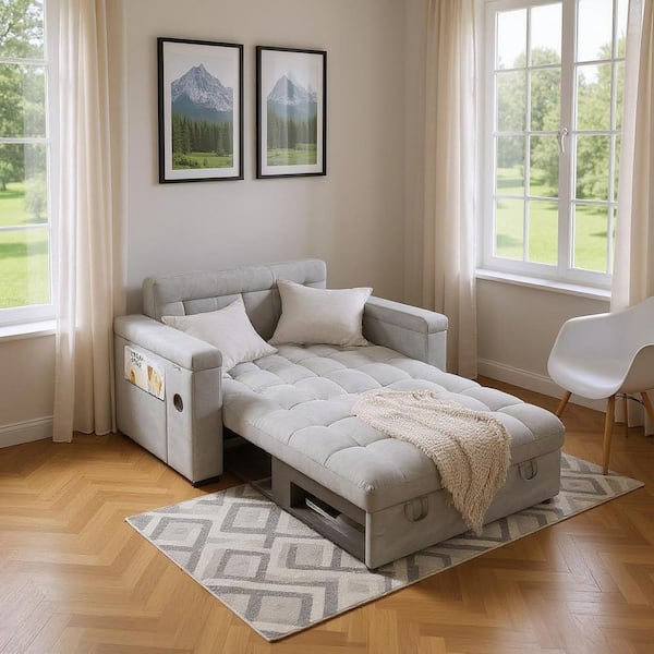 CSNJMX 65 in. 3-in-1 Foldable Velvet Sofa Bed with Adjustable Backrest, USB Port, and Storage in Frosted Silver