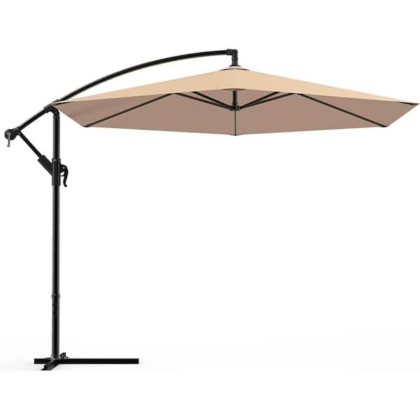 Yangming 12 ft. Aluminum Cantilever Market Patio Umbrella in Beige Outdoor Hanging Offset with Crank and Cross Base Waterproof