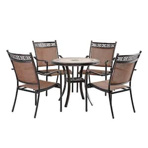 5-Piece Cast Aluminum Round Dining Sling Set with Tile-Top Table and Dark Brown Classic Pattern Sling Chairs