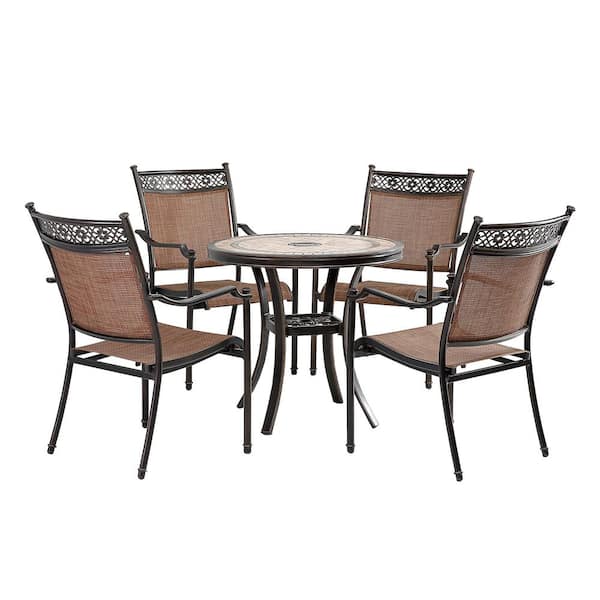 Mondawe 5-Piece Cast Aluminum Round Dining Sling Set with Tile-Top Table and Dark Brown Classic Pattern Sling Chairs