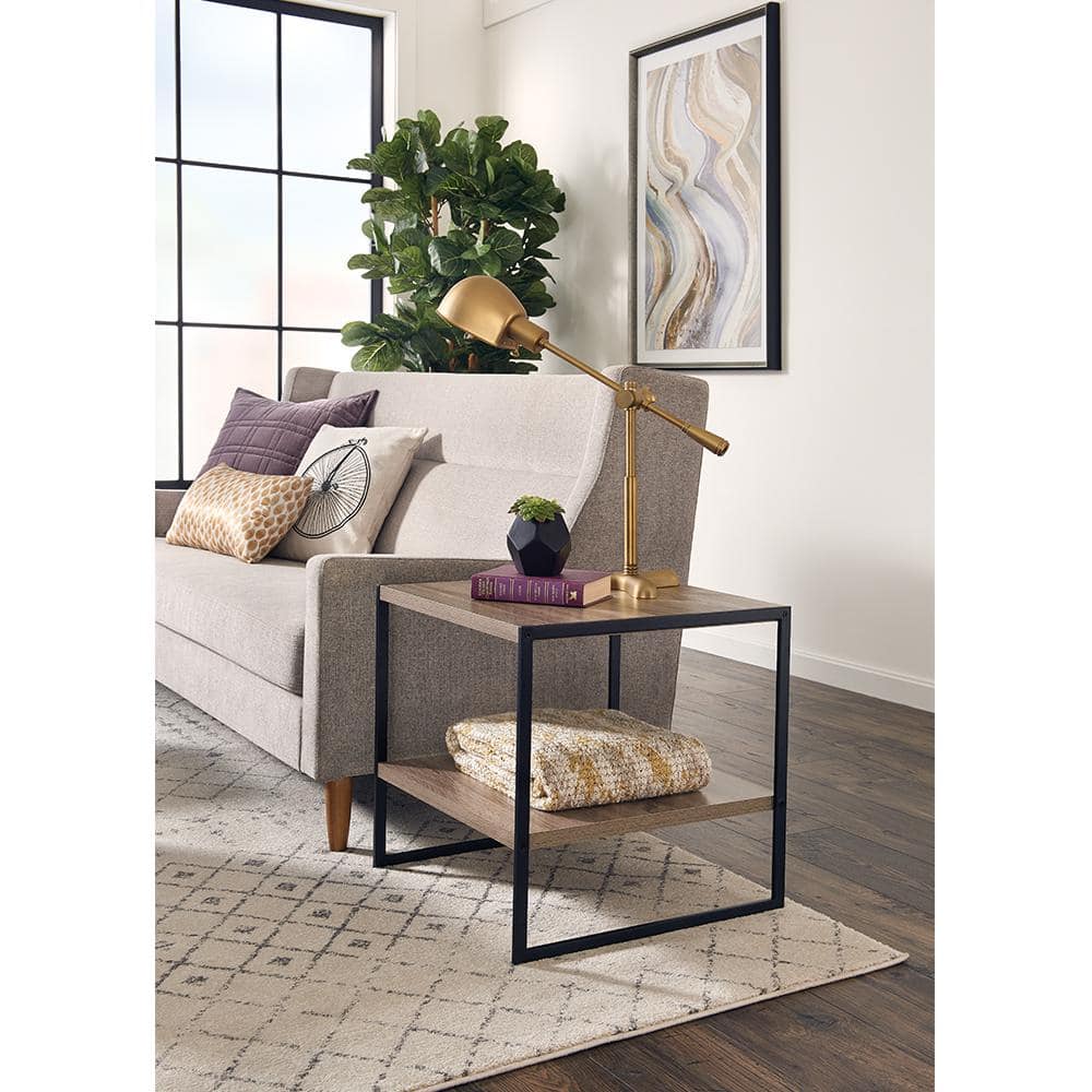 Weathered Gray and Black 2-Tier Wood and Metal End Table