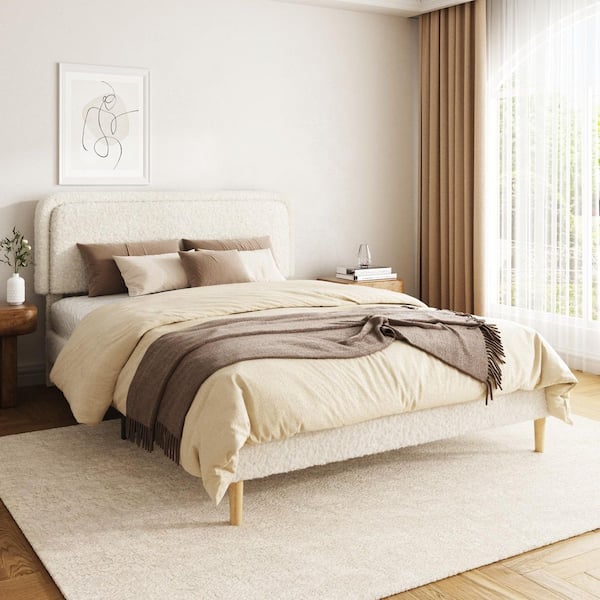 Beige Wood and Metal Frame Queen Size Upholstered Platform Bed with Height Adjustable Headboard