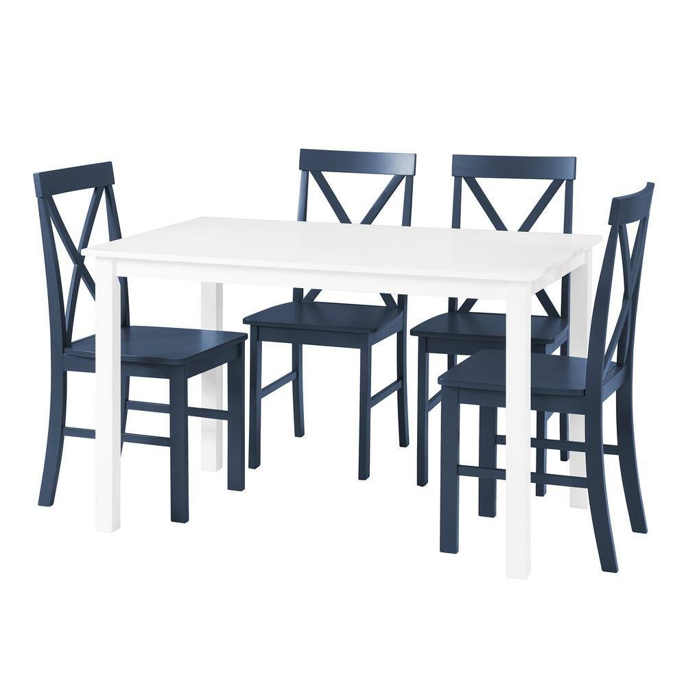 White and Navy X-Back Farmhouse Dining Set with 4 Chairs