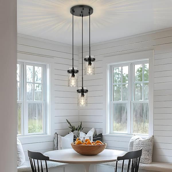 Jasslynn 3-Light Black Modern Pendant Light with Water Rippled Glass Shades for Bedroom, Living Room and Kitchen