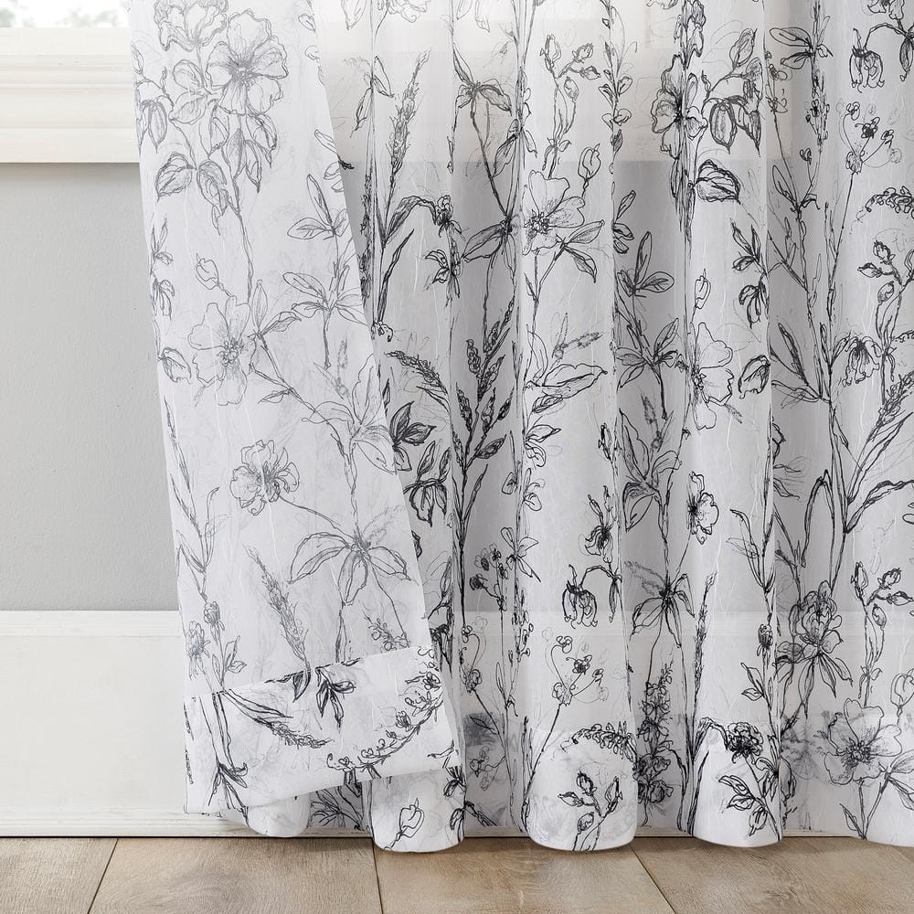 Black and White Floral Sheer Rod Pocket Curtain Panel 51" x 63"