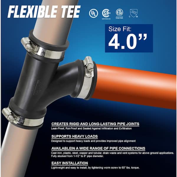 The Plumber's Choice 4 in. PVC Flexible Tee Coupling with Stainless Steel  Clamps E95844 - The Home Depot