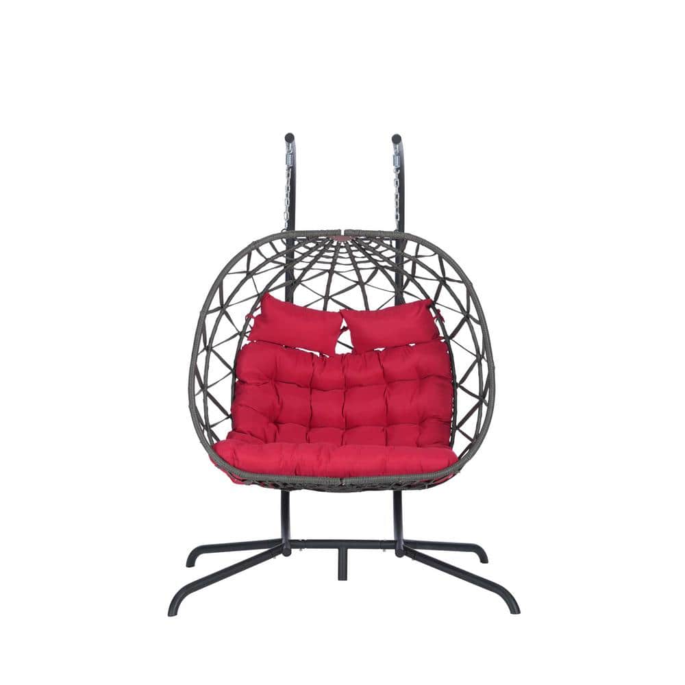 2-Person Wicker Patio Swing, Patio Egg Chair with Red Cushion for Porch, Ba