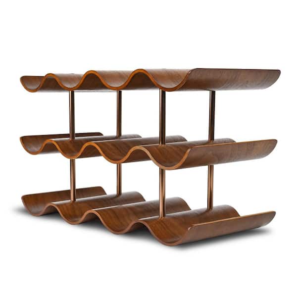 12-Bottle Brown 16.6 in. W Wine Rack, 3 Tier Wooden Wine Storage Rack, Walnut Wavy Wine Organizer for Cabinet