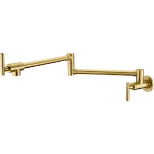 Wall Mount Pot Filler Faucet Kitchen Sink Faucet with Double Joint Swing Arms Handles and Cartridges in Brushed Gold