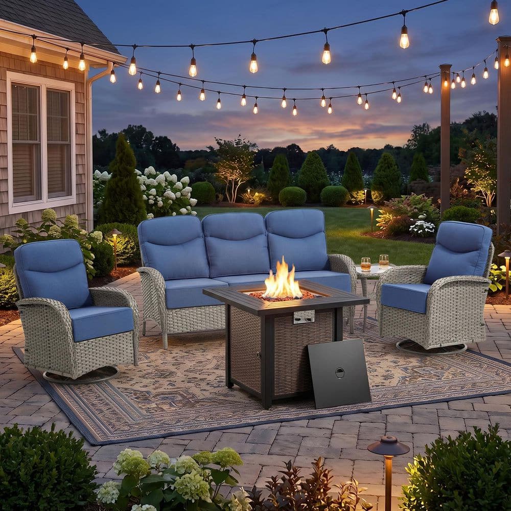 Moonridge 5-Piece Gray Wicker Fire Pit Conversation Set with 6 In. Olefin Blue Cushions / Metal Fire Pit Table price history on PriceWatchPro
