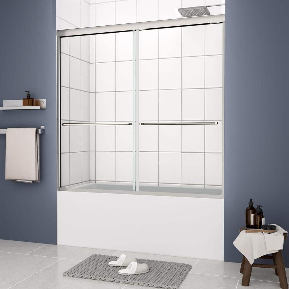 60 in. W x 58 in. H Framed Double Sliding Tub Door in Chrome with Clear Tam
