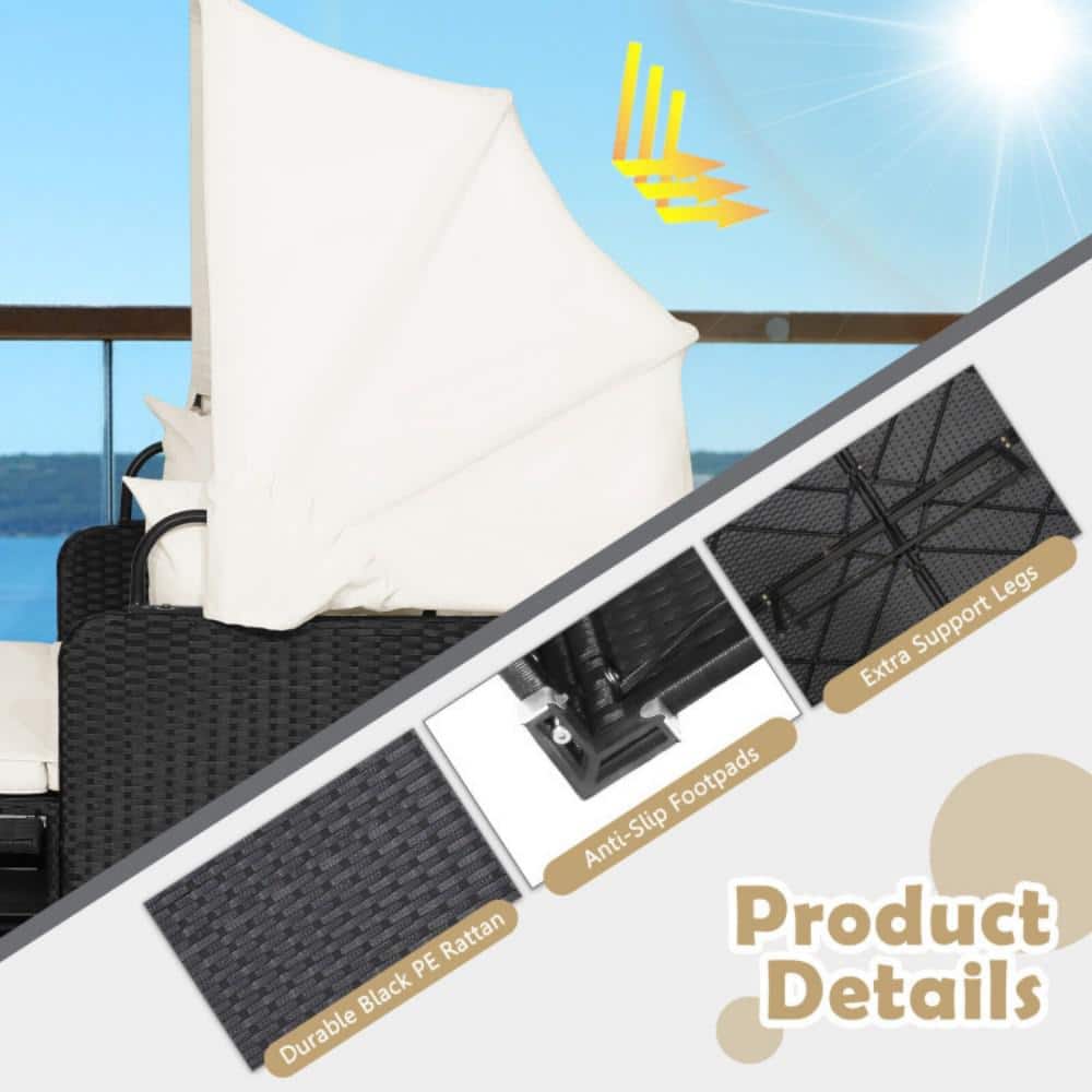 Black Wicker Outdoor Daybed with Off-White Cushions and Canopy