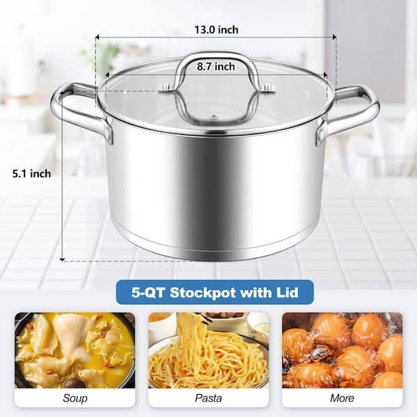 5 qt. Stainless Steel Stock Pot with Lid, Tri-ply Bottom for Even