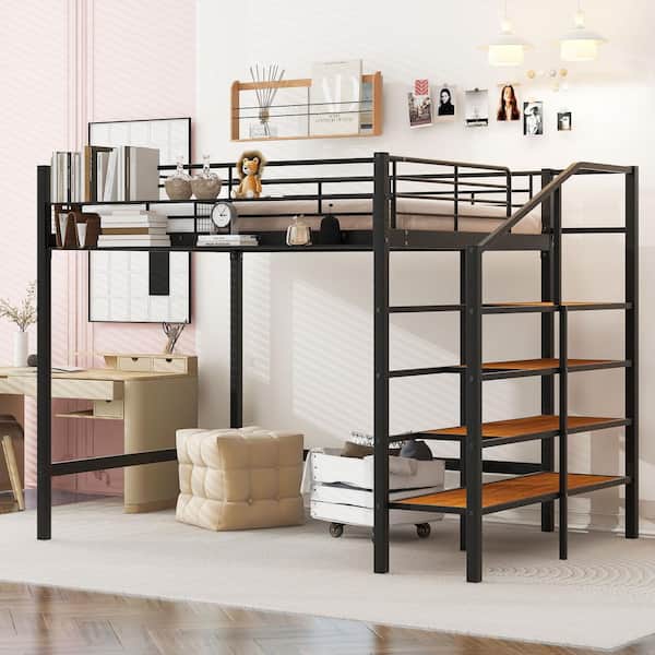 Harper & Bright Designs Black Full Size Metal Loft Bed with Upper Bedside Grid Storage Shelf and Lateral Storage Ladder