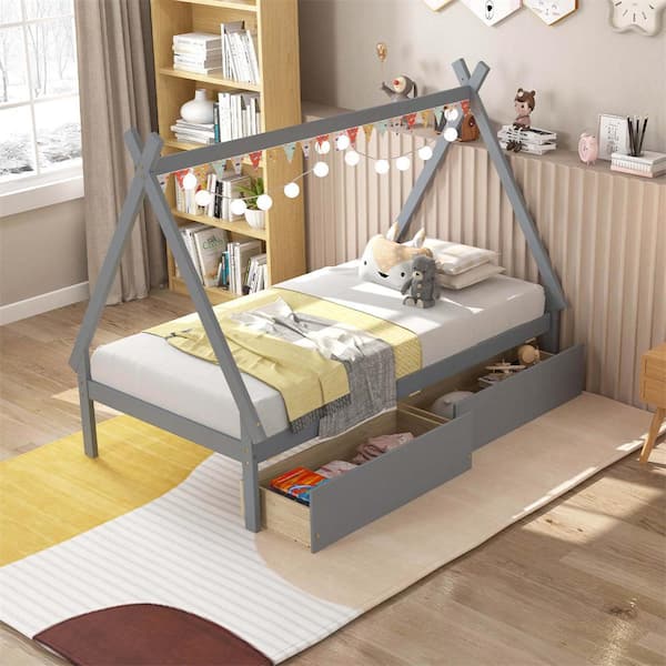 Costway Gray Twin Size Wooden House Bed Frame with 2 Drawers Roof Storage for Boys and Girls