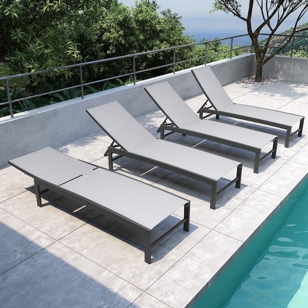 Patio Black 4-Piece Metal Outdoor Reclining Adjustable Chaise Lounge Chairs with Light Gray Textilene Fabric