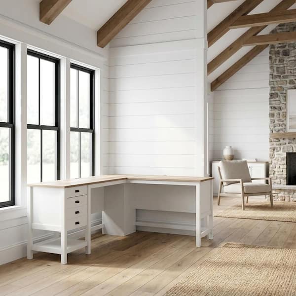 SAUDER Soft White 65 in. Wide L-Shaped Executive Desk Storage
